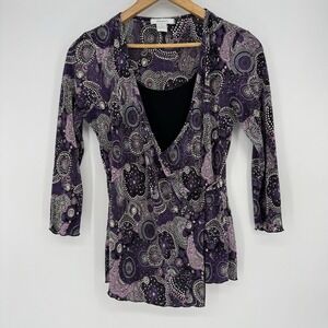 Y2K Vintage DressBarn Faux Wrap Top Size Small Purple‎ Floral Black Under Cami